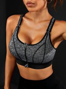 Zip Up Contrast Binding Sports Bra - Dark Grey - View 2