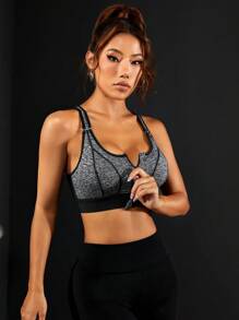 Zip Up Contrast Binding Sports Bra - Dark Grey - View 1