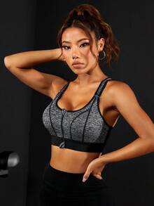 Zip Up Contrast Binding Sports Bra - Dark Grey - View 4