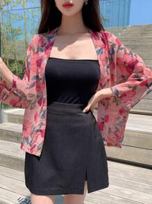 DAZY Floral Print Open Front Blouse Sheer - Pink - View 3