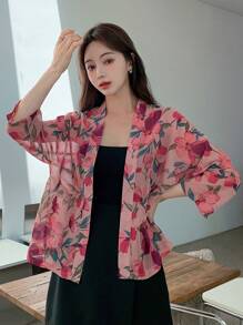 DAZY Floral Print Open Front Blouse Sheer - Pink - View 4