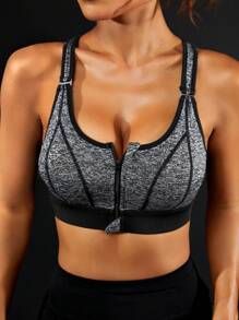 Zip Up Contrast Binding Sports Bra - Dark Grey - View 6