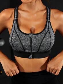 Zip Up Contrast Binding Sports Bra - Dark Grey - View 7