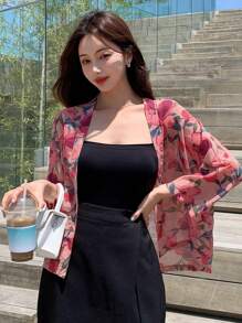 DAZY Floral Print Open Front Blouse Sheer - Pink - View 5