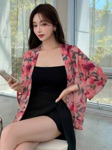 DAZY Floral Print Open Front Blouse Sheer - Pink - View 6