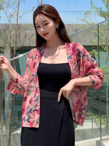 DAZY Floral Print Open Front Blouse Sheer - Pink - View 7