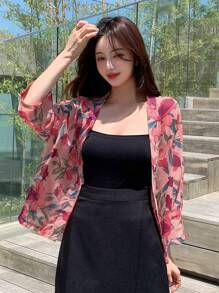 DAZY Floral Print Open Front Blouse Sheer - Pink - View 8
