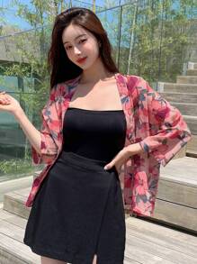 DAZY Floral Print Open Front Blouse Sheer - Pink - View 9