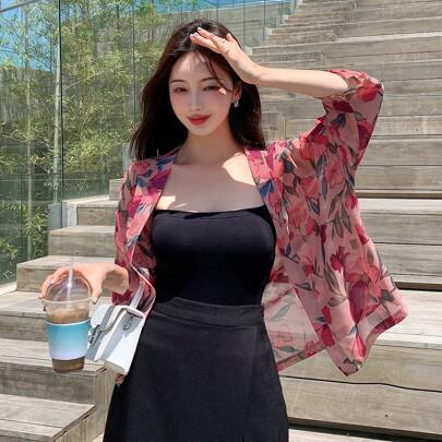 플로럴 프린트 오픈 프런트 블라우스 쉬어