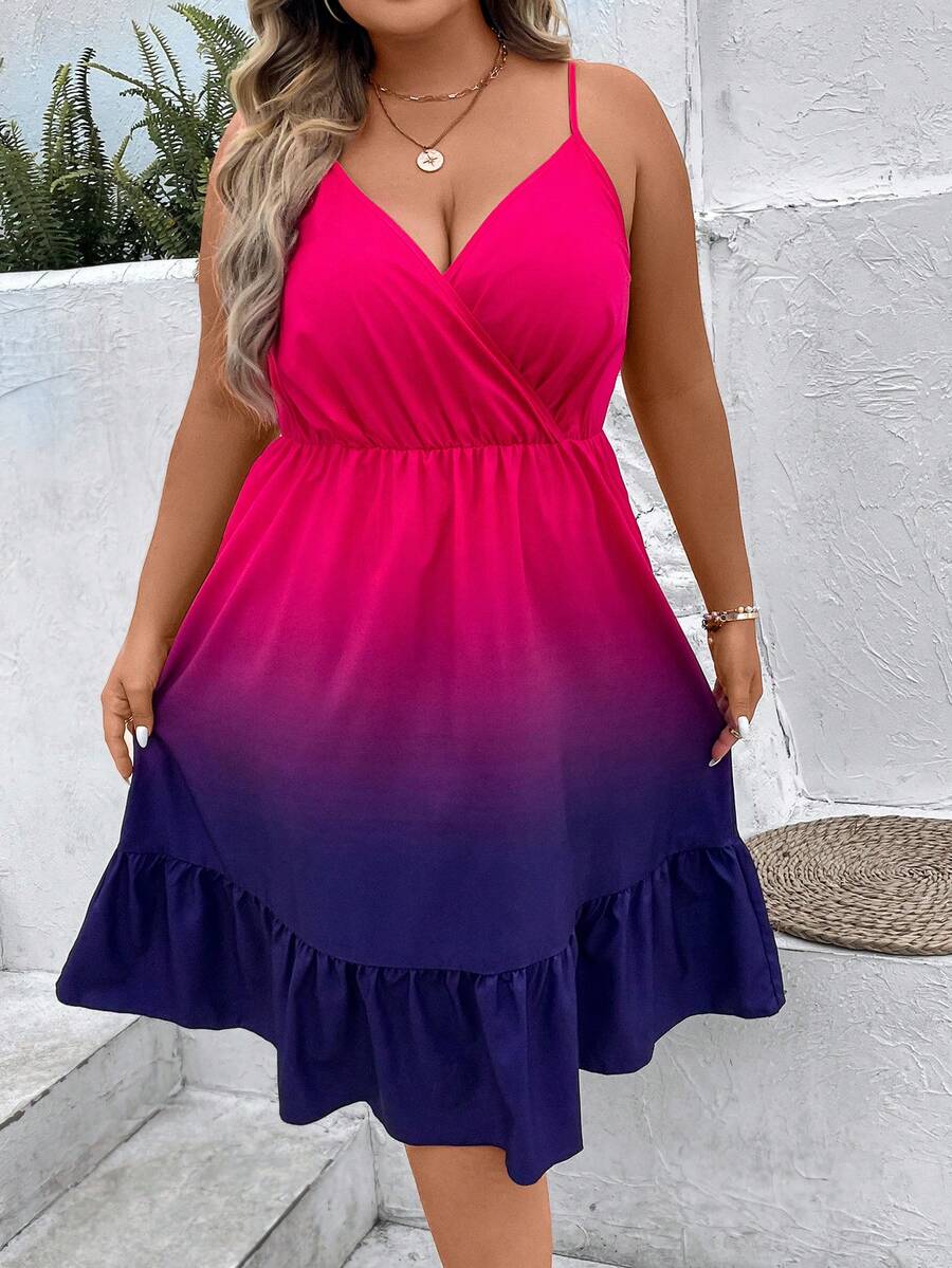 SHEIN Holidaya Đầm Plus Size Viên lá sen Trọn gói Ombre Giải trí - Màu đỏ tím - Xem 1