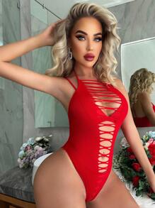 Classic Sexy Cut Out Halter Neck Backless Bodysuit Lingerie - Red - View 1