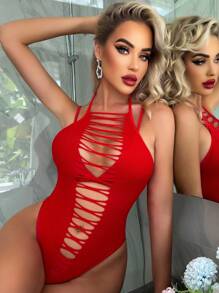 Classic Sexy Cut Out Halter Neck Backless Bodysuit Lingerie - Red - View 3