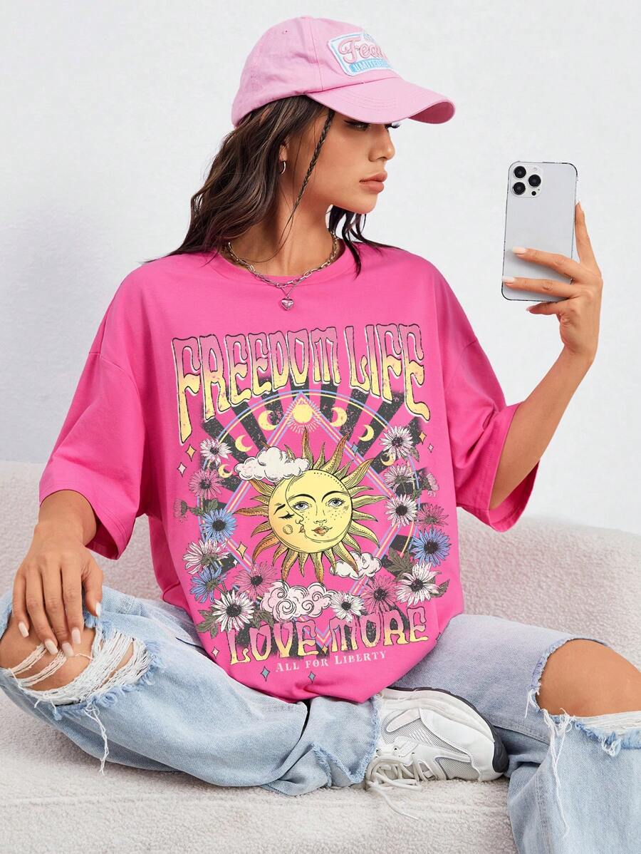 SHEIN EZwear mặt trời & In hoa Thả vai Áo phông Quá khổ - Hồng - Xem 1