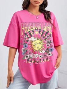 SHEIN EZwear mặt trời & In hoa Thả vai Áo phông Quá khổ - Hồng - Xem 5