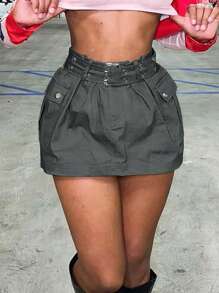 Solid Belted Mini Skirt - Grey - View 1