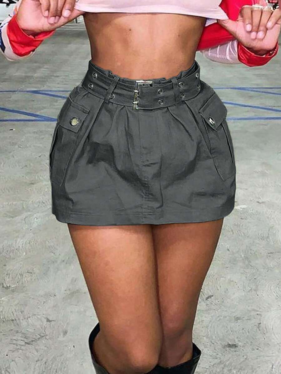 Solid Belted Mini Skirt - Grey - View 1