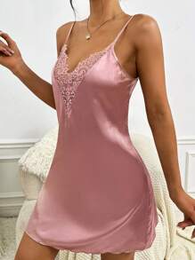 对比色蕾丝缎面吊带睡衣 - 藕粉色 - 查看 6
