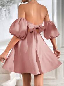 Firerie Off Shoulder Puff Sleeve Tie Backless Dress - Dusty Pink - View 1