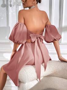 Firerie Off Shoulder Puff Sleeve Tie Backless Dress - Dusty Pink - View 2