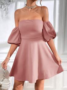 Firerie Off Shoulder Puff Sleeve Tie Backless Dress - Dusty Pink - View 5
