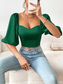 SHEIN Privé 雞心領口泡泡袖短款襯衫 - 墨綠色 - 查看 3