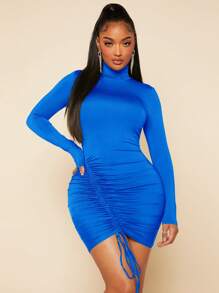 SHEIN SXY Đầm Dây kéo Thắt nút Xù màu trơn Gợi cảm - Xanh đậm - Xem 3