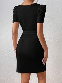 SHEIN Privé Notched Neck Puff Sleeve Belted Bodycon Dress