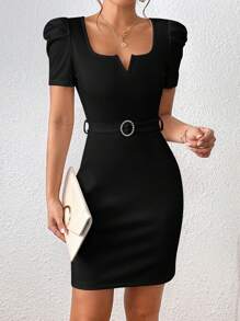 SHEIN Privé Notched Neck Puff Sleeve Belted Bodycon Dress