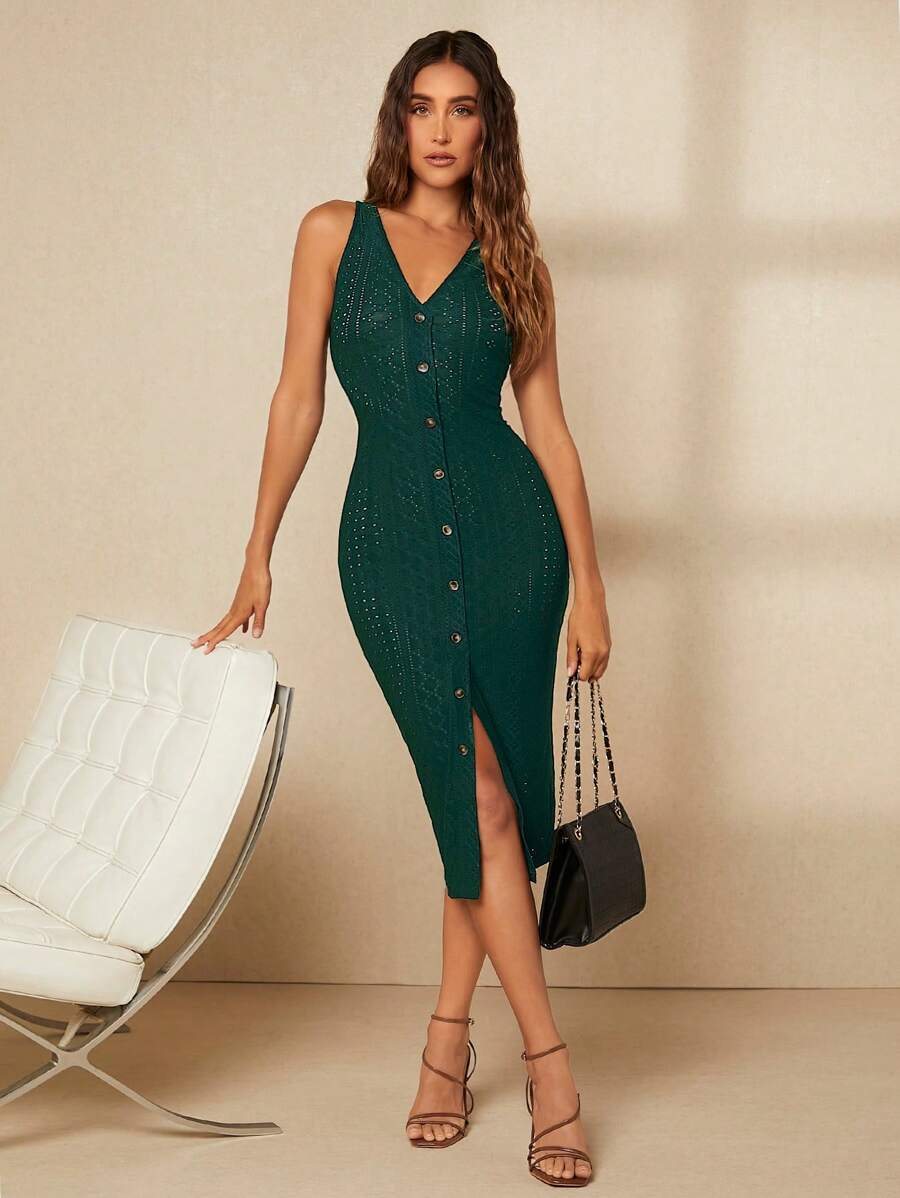 SHEIN Essnce Đầm Nút phía trước Tranh thêu màu trơn Thanh lịch - Màu xanh lá cây đậm - Xem 1