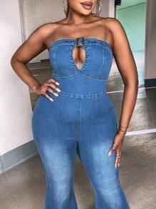 SHEIN SXY 大碼前鏤空喇叭抹胸牛仔連身褲 - 中等水洗藍 - 查看 5