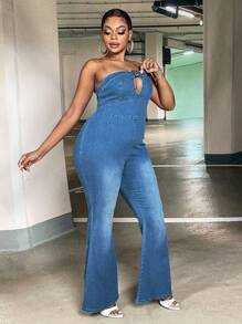 SHEIN SXY 大碼前鏤空喇叭抹胸牛仔連身褲 - 中等水洗藍 - 查看 6