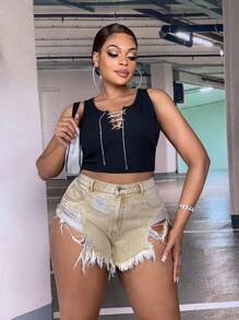 SHEIN SXY Plus Ripped Raw Hem Denim Shorts - Apricot - View 3