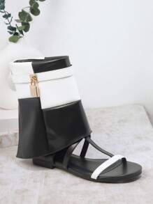 SHUZIA Open Toe Two Tone Ankle Buckle Booties - Black and White - View 2