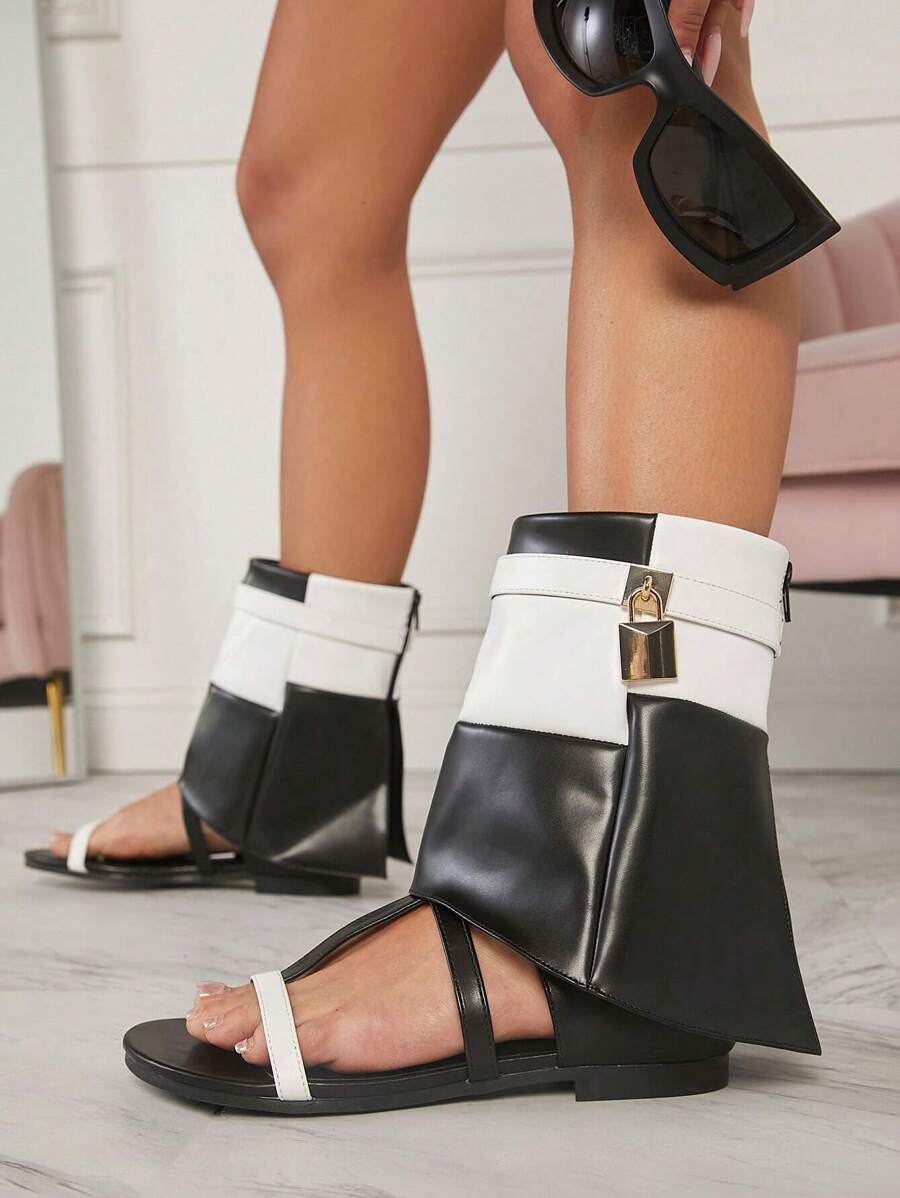 SHUZIA Open Toe Two Tone Ankle Buckle Booties - Black and White - View 1
