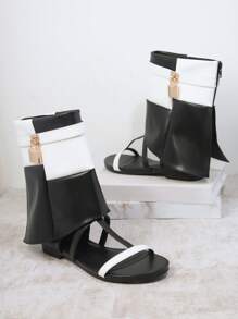 SHUZIA Open Toe Two Tone Ankle Buckle Booties - Black and White - View 3