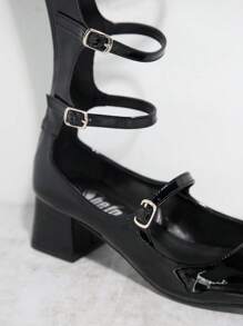 Tacones gladiador con diseño de tachuela de punta cuadrada con tacón grueso - Negro - Ver 2