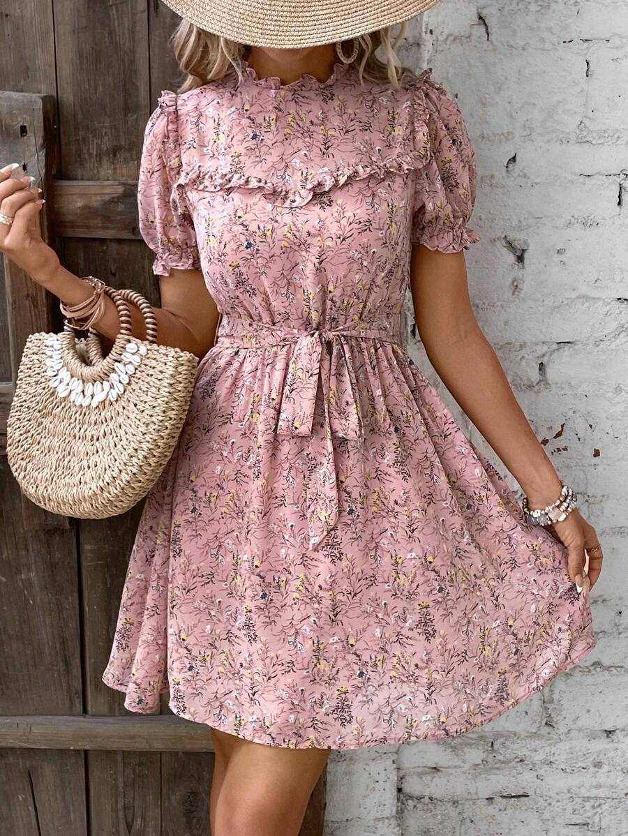 SHEIN Clasi 滿版印花褶邊繫腰帶連衣裙 - 彩色 - 查看 1