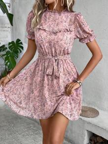 SHEIN Clasi 滿版印花褶邊繫腰帶連衣裙 - 彩色 - 查看 3