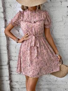 SHEIN Clasi 滿版印花褶邊繫腰帶連衣裙 - 彩色 - 查看 4