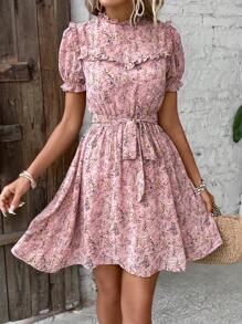 SHEIN Clasi 滿版印花褶邊繫腰帶連衣裙 - 彩色 - 查看 5