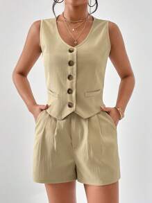 SHEIN Privé con botón delantero Blazer chaleco & Shorts - Albaricoque - Ver 3
