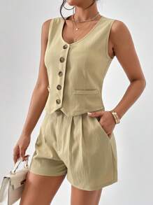 SHEIN Privé con botón delantero Blazer chaleco & Shorts - Albaricoque - Ver 5
