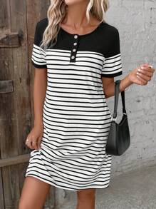 SHEIN LUNE 條紋印花隱藏口袋T恤洋裝 - 白色 - 查看 4