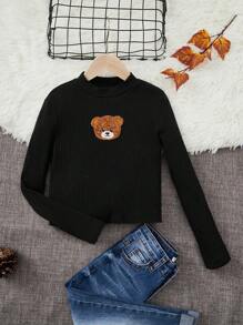 SHEIN Cô gái Tween Bản vá Gấu Đồ đan Ribbed Cổ giả Áo thun - màu đen - Xem 1