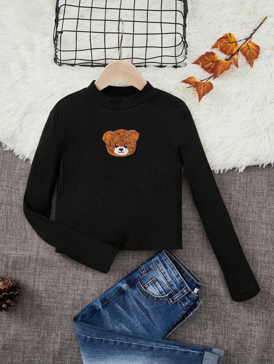 SHEIN Cô gái Tween Bản vá Gấu Đồ đan Ribbed Cổ giả Áo thun - màu đen - Xem 1