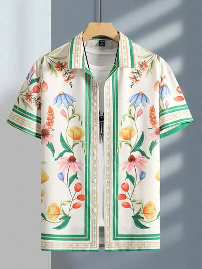 Manfinity RSRT Men Floral Print Loose Shirt Without Tee, Short Sleeve Button Up Collar Graphic Colorful Shirt