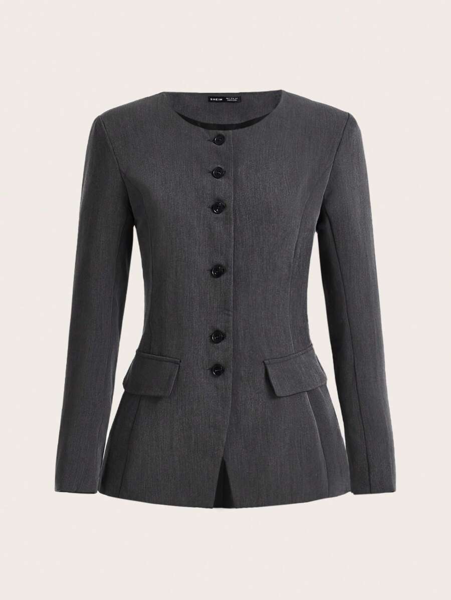 COSMINA Button Front Flap Detail Coat In Fall/Winter - Dark Grey - View 1