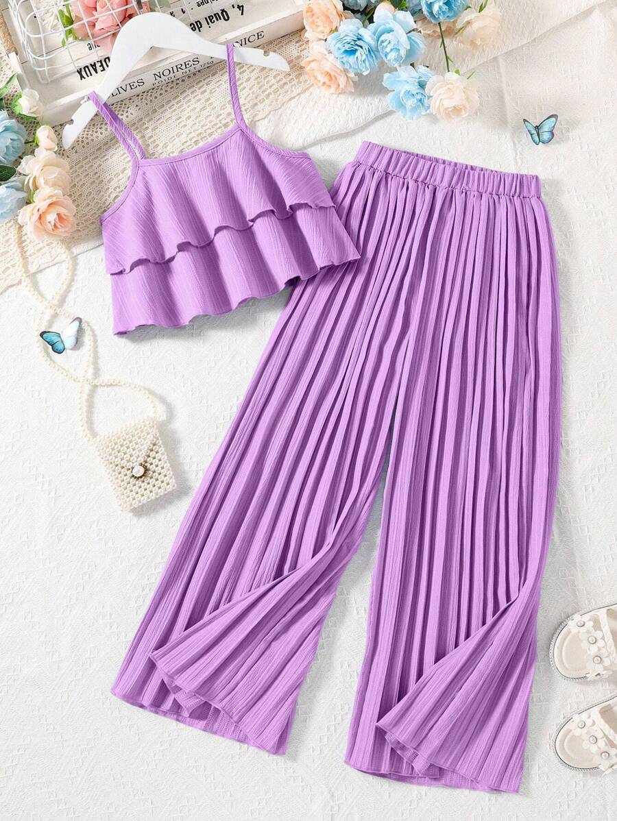 SHEIN cô gái mười hai Lớp viền Cami ngọn & Xếp li Quần ống rộng Bộ - Màu tím - Xem 1