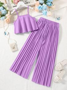 SHEIN cô gái mười hai Lớp viền Cami ngọn & Xếp li Quần ống rộng Bộ - Màu tím - Xem 2