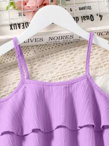 SHEIN cô gái mười hai Lớp viền Cami ngọn & Xếp li Quần ống rộng Bộ - Màu tím - Xem 3